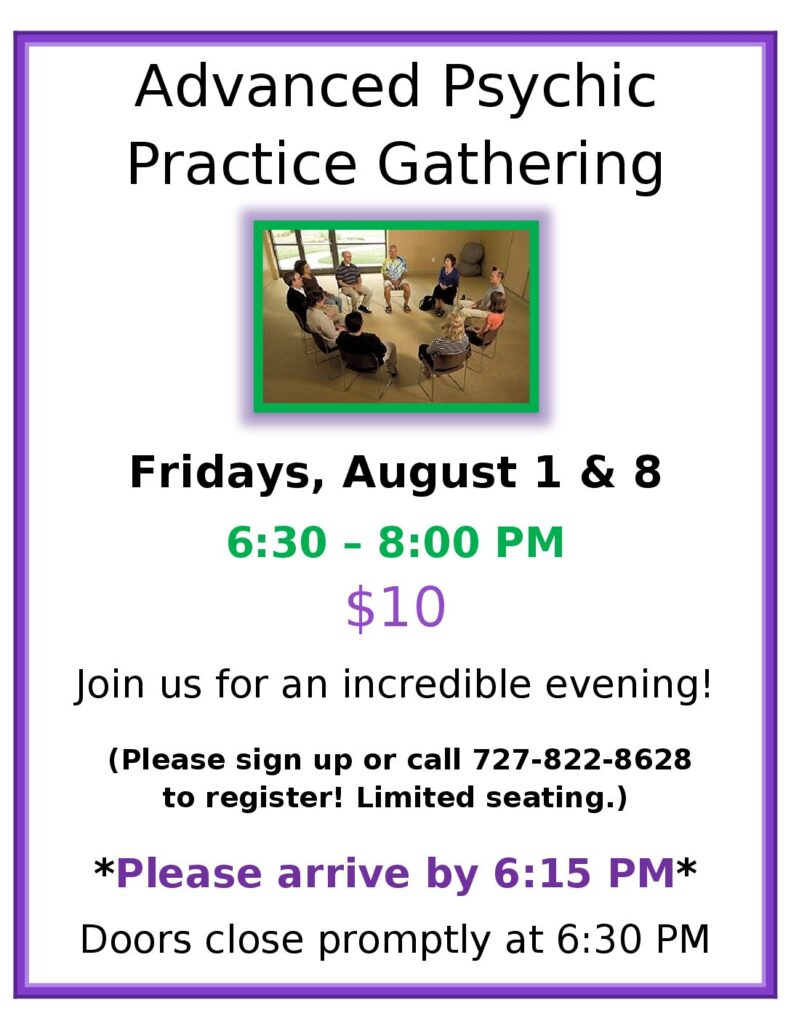 Advanced Psychic Practice Gathering ad for July August 2025 Bulletin