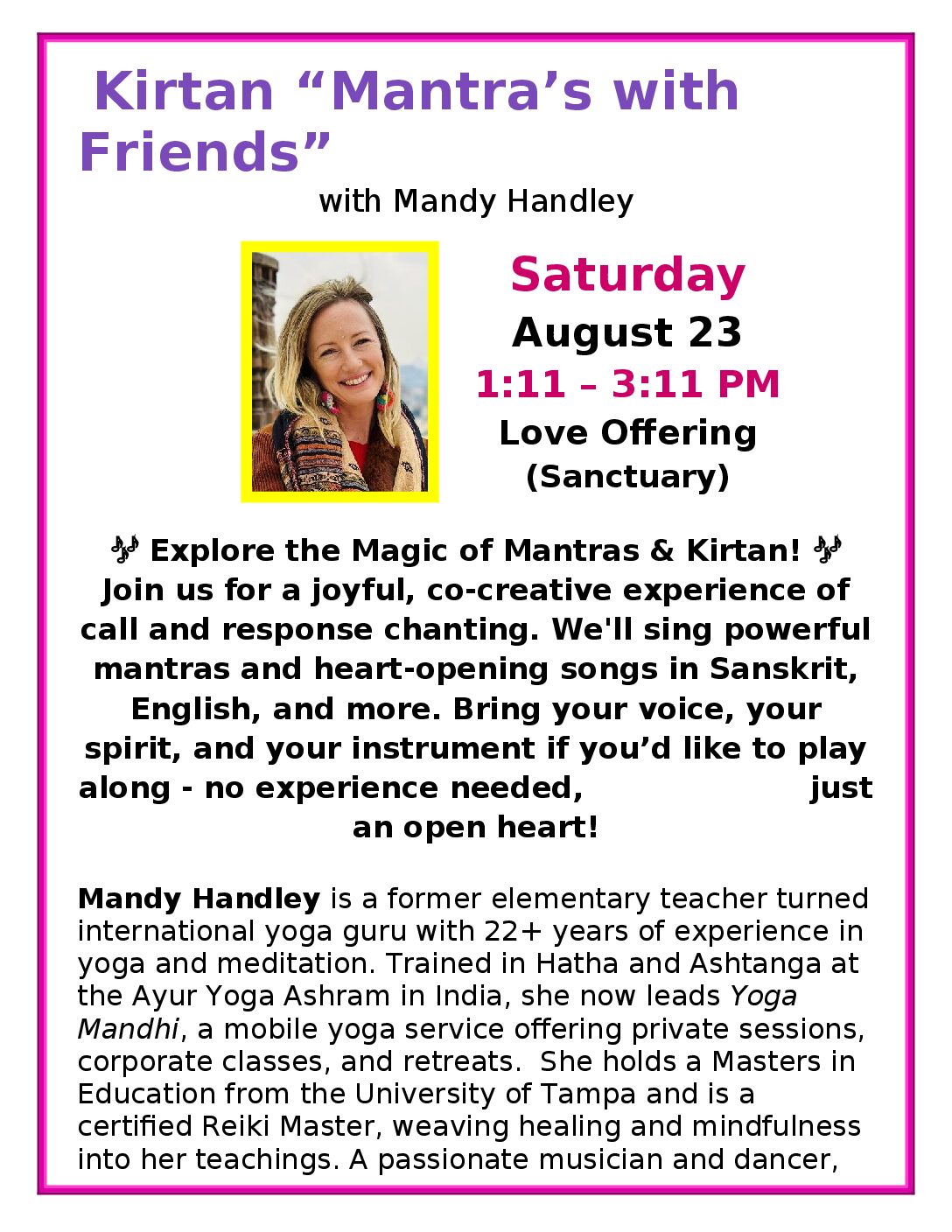 Kitran mantras with friends ad for july august 2025 bulletin