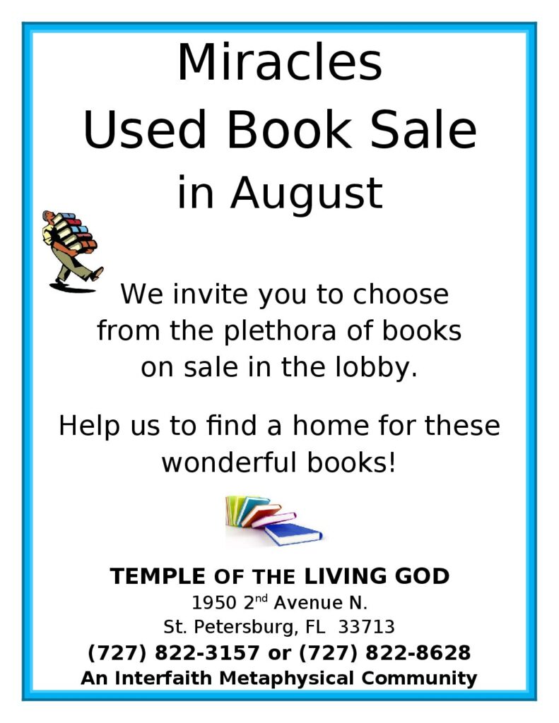 Miracles Book Sale in August ad for July August 2025 Bulletin